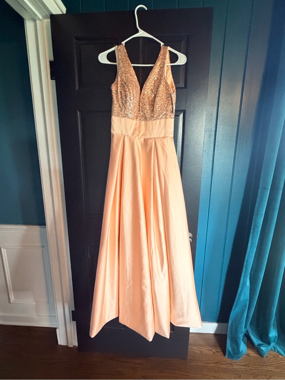 Elegant Peach Sequin Bodice Evening Gown